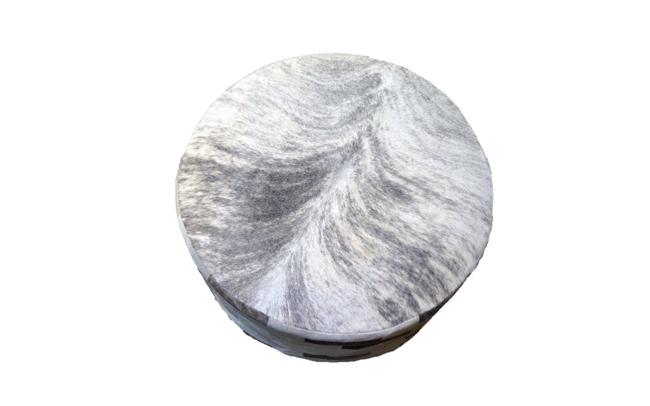 Cowhide 36" Round Patchwork Ottoman - Gray