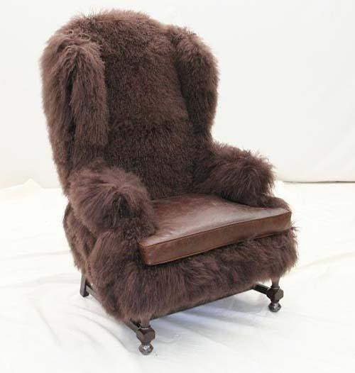 Chocolate Lamb Fur Wing Chair - Old Hickory Tannery