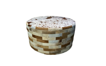 Cowhide 36" Round Patchwork Ottoman - light brown