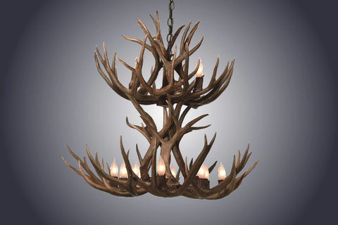 12 Light Double Tiered Mule Deer Antler Chandelier (SKU-70)